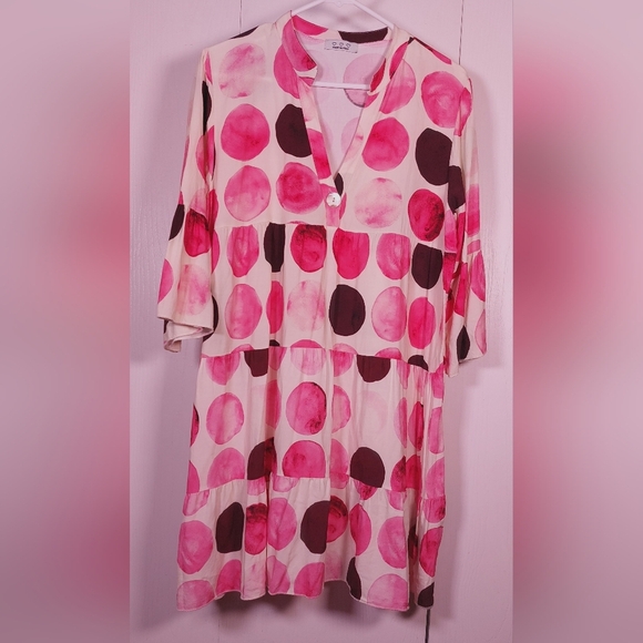 Made in Italy Polka Dot Printed Tiered Dress Size Large Boho Flared Sleeve Chic - Picture 9 of 9
